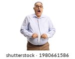 Shocked man with a big belly trying to button a shirt isolated on white background
