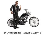 Cool biker with a chopper holding helmet and gesturing rock and roll sign isolated on white background