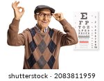 Happy senior man with glasses and an eye examination test isolated on white background