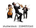 Music orchestra performing with a cello, saxophone and a violin isolated on white background