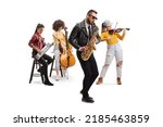 Small photo of Music band consisting of female musicians on cello, violin and keytar and a man with a saxophone isolated on white background