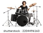 Young male drummer playing on...