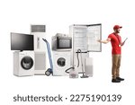 Small photo of Appliance sales associate presenting electrical appliances isolated on white background