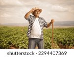 Mature farmer on a grapevine field greeting with his straw hat