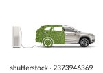 Small photo of Hybrid electric vehicle plugged into a charging station isolated on white background