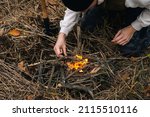 Small photo of Close-up high-angle view of unrecognizable survivalist male putting kindling on burning fire to keep warm and cook food at outdoors on overcast cold day. Concept hiking and traveling outdoor.