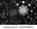 Astrological zodiac horoscope Mobile application on constellation background concept. Spiritual new age, wheel of fortune, fate karma and destiny