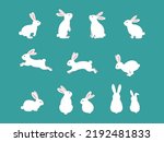 Cute white rabbits in various poses. Rabbit animal icon isolated on background. For Moon Festival, Chinese Lunar Year of the Rabbit, Easter decor.