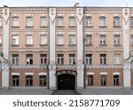 Vintage architecture classical old brick white brown facade building front view