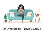 girl on the couch with a laptop.... | Shutterstock .eps vector #1826833826