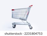 shopping cart side view trolley red colour on white background | E-commerce supermarket trolley side view