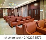 Small photo of Tegal - Indonesia : 12.19.2023. Selective focus. The interior of the hospital lobby is luxurious and elegant. Harapan Anda Hospital with a gold concept.