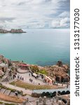 Small photo of A sunny day over looking the open air Minack Theatre, on the coast of Cornwall built by Rowena Cade