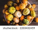 Colorful varieties of pumpkins and squashes on rustic wooden background. Colorful pumpkin background. Flat lay, top view, copy space