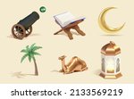 3d cartoon Islamic decor object element set, including iftar cannon, quran with book stand, crescent moon, palm tree, metal camel toy and fanoos lantern. Isolated on yellow background.