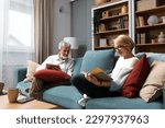 Small photo of Simple living. Happy middle-aged senior couple 70s husband and wife sit relax on couch in living room reading book drinking tea together, calm elderly 60s couple booklovers rest at home enjoy life