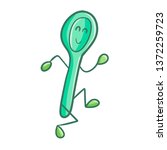Cute and funny green spoon running and smiling happily