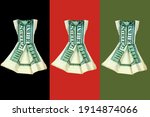 Small photo of Origami money dress of bills isolated on the black, red and green background. Minigame - the so-called origami out of money.