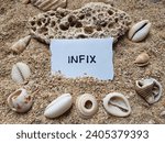 Small photo of Infix writing on beach sand background.