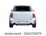 Passenger car trunk isolated on a white background, with clipping path. Full Depth of field. Focus stacking, back view.