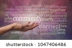 Small photo of Get involved with your Community Word Tag Cloud - Female open palm hand against a rustic stone effect burgundy purple background with the word COMMUNITY floating above surrounded by a word tag cloud