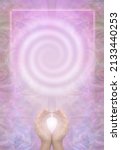 Small photo of Vortex Healing Course Certicate Diploma Award Background - Female cupped hands with white light against a pink spiral frame border background ideal for an accreditation certificate or advertisement