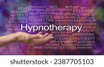 Small photo of Offering you a Hypnotherapy service word cloud - female with open palm hand and the word HYPNOTHERAPY above surrounded by relevant word cloud on a modern abstract background