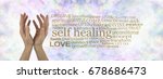 Small photo of Heal Thyself - female cupped hands reaching upwards on a subtle pastel multicolored bokeh background with a gold SELF HEALING word cloud to the right