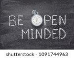 be open minded phrase handwritten on chalkboard with vintage precise stopwatch used instead of O