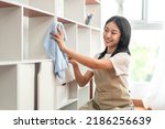 Half-Japanese housewife is cleaning the showcase and shelving in the living room, clean up on weekends, Big cleaning, Housework, Daily routine ,Removes germs and dirt and deep stains.