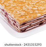 Small photo of Delicious multilayer cocoa sponge cake with almonds