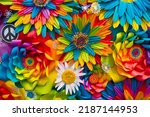 Small photo of Groovy bright rainbow flower power paper flower wall