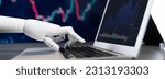 Small photo of Automated stock trading concept. Robotic hand analyzing financial data on stock exchange, artificial intelligence utilization to predict precise price change in stock market. Trailblazing