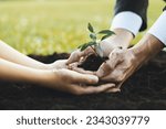 Small photo of Businessman grow and nurture plant on fertilized soil with young boy as eco company committed to corporate social responsible, reduce CO2 emission and embrace ESG principle for sustainable future.Gyre