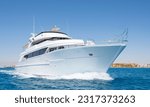 Small photo of A luxury private motor yacht under way on tropical sea with bow wave