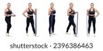 Small photo of Healthy and active senior woman with different professional fitness posture set of resistance band exercising workout on isolated background in full body length shot. Clout