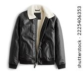 Small photo of Man's Black Soft Faux Leather Sherpa-Lined Bomber Jacket with Warm Sherpa Lining in Droplet Isolated on White. Front View Classic Outdoor Outwear Clothing with Full Zipper Closure and Front Pockets