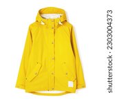Small photo of Yellow Stylish Wings Rain Jacket Isolated on White. Waterproof High Collar Rainwear Coat with Adjustable Hood Cuffs Front View. Warm Outwear Cotton Windproof Fabric. Outdoor Clothing for Hiking Travel