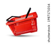 Small photo of red basket shopping fly grocery supermarket white isolated with clipping path