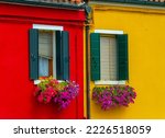 Two windows with flowers on the venetian island of Burano. Colorful building and windows with flower