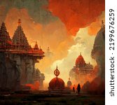 Hinduism inspired concept art. Hindu religious painting. Gods, divinities, colorful geometric shapes with cinematic light and epic set-up. Religious celebration, spirituality, temple.