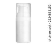 Small photo of Luxury airless vacuum bottle, pump jar container with dispenser for cosmetic packaging. White satin finish, small travel size, refillable, sterile. Isolated on white background