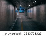 Small photo of Empty underground passage under the highway. Gray illuminated underground passage without people. Underground tunnel lit by lamps.