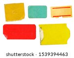 Small photo of set of empty grungy adhesive price stickers,multicolored price tags, with free copy space, isolated on white background