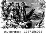 Daniel Boone with soldiers first reached Kentucky in the fall of 1767 vintage line drawing or engraving illustration