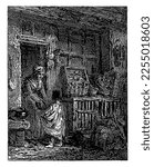 Woman with Child in Front of a House, Charles Emile Jacque (attributed to), c. 1843, vintage engraved.