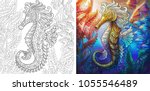 coloring page. seahorse and... | Shutterstock .eps vector #1055546489