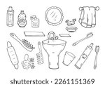 Doodle Set Bathroom items. Vector hygiene baby, children coloring. Hand drawn illustration line art. Design for sticker pack, cover, postcards, print, kids play stickers, social media, coloring page.
