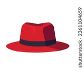 Red fedora hat vector illustration, flat red fedora hat with black list vector art isolated on a white background