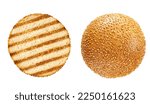 Grilled sesame seed hamburger bun isolated on white background, top view. Different sides and parts. Roasted toasted burger bun.
